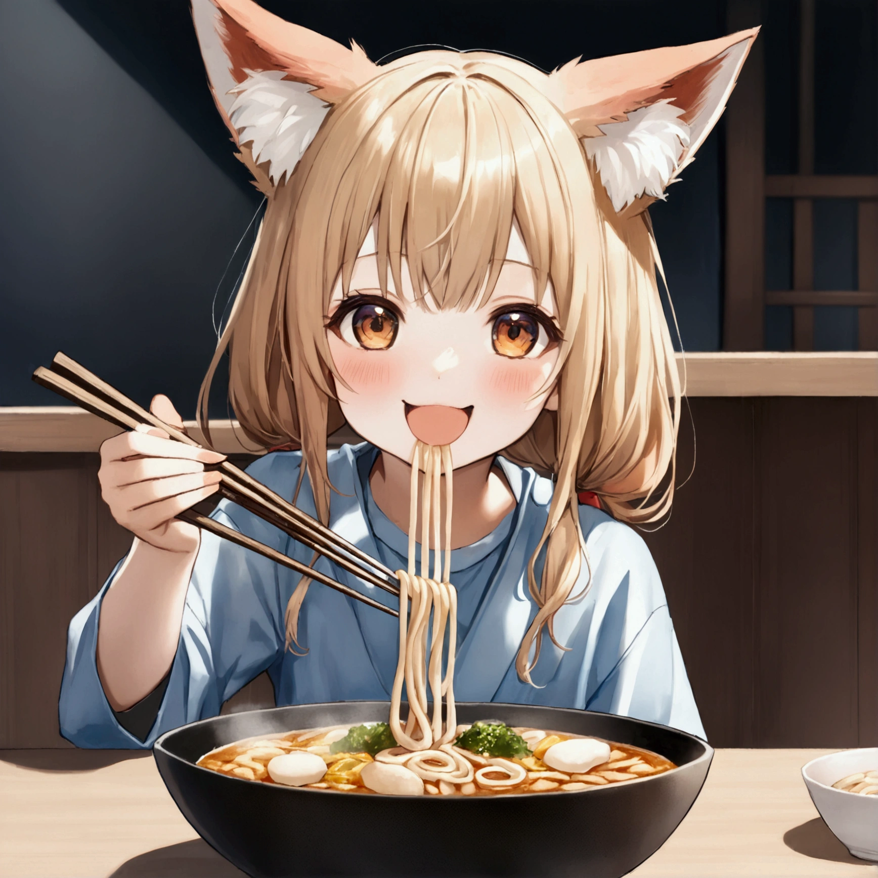One person,Fox-eared girl,Udon、(((深い器の中に薄っぺらいお揚げの入ったUdon)))、,Chopsticks in the right hand,eat, looks happy、cute、Realistic Anime、