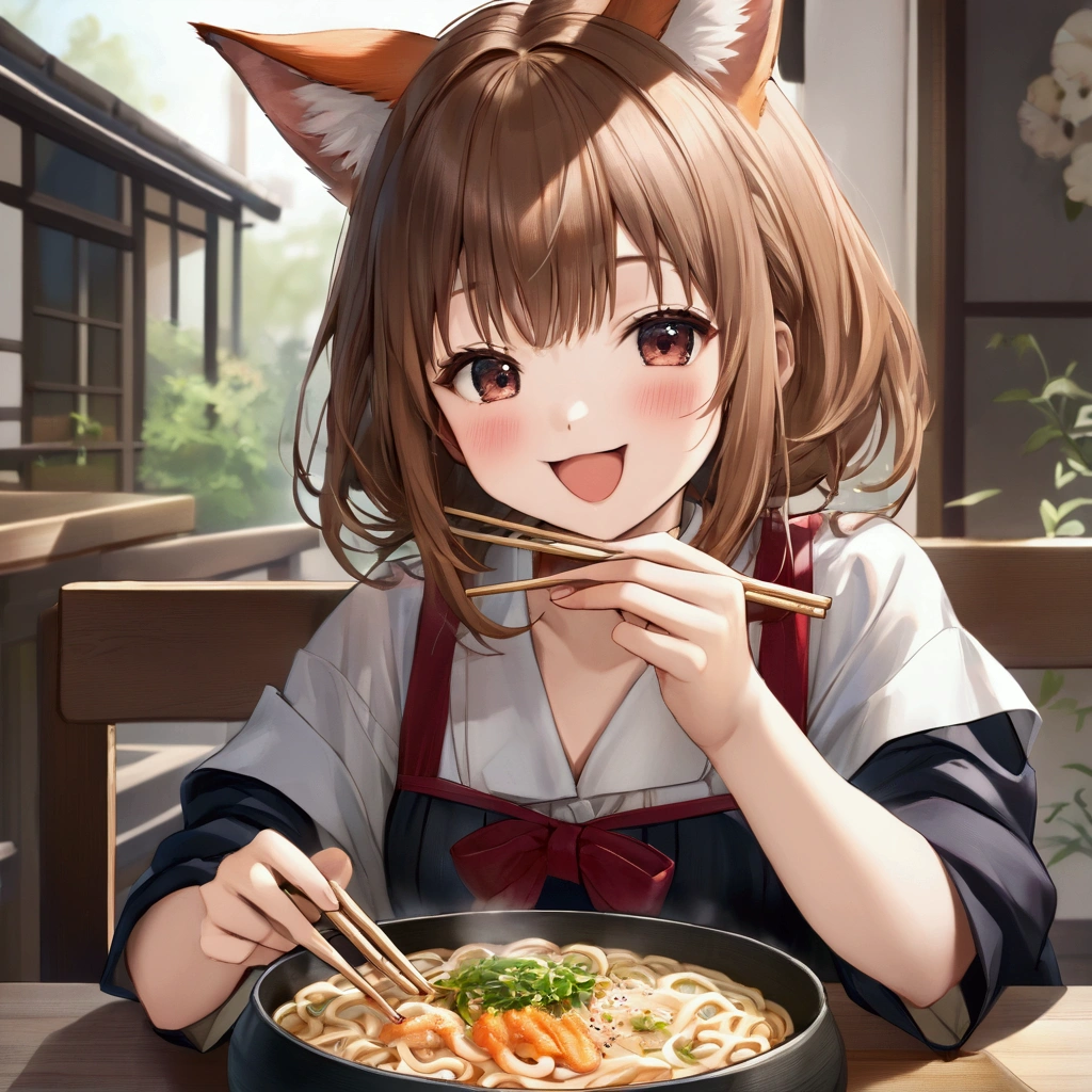 One person,Fox-eared girl,Udon、(((深い器の中に薄っぺらいお揚げの入ったUdon)))、,Chopsticks in the right hand,eat, looks happy、cute、Realistic Anime、