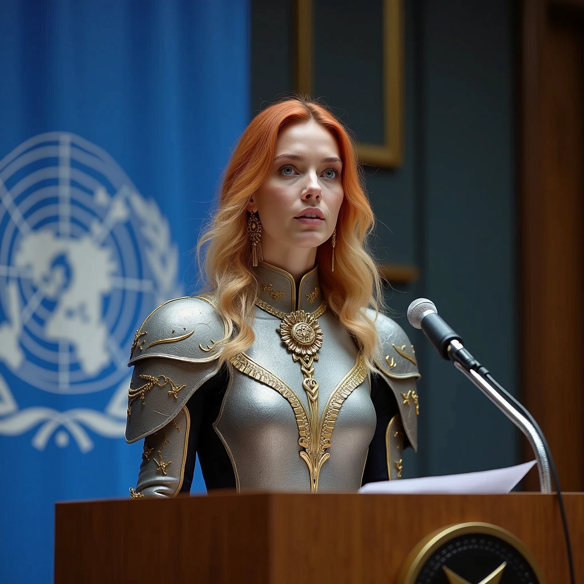 Standing and making a speech at the United Nations, in front of the lectern with a microphone, under the UN flag, a woman 30 years old white woman she has wavy hair, she has red and blond hair, blue eyes, slim face and nose, slim, wearing a futurist long royal dress, mix of armor and dress, intense gazing eyes, ultra-resolution, intricately detailed, medium shot, low angle,