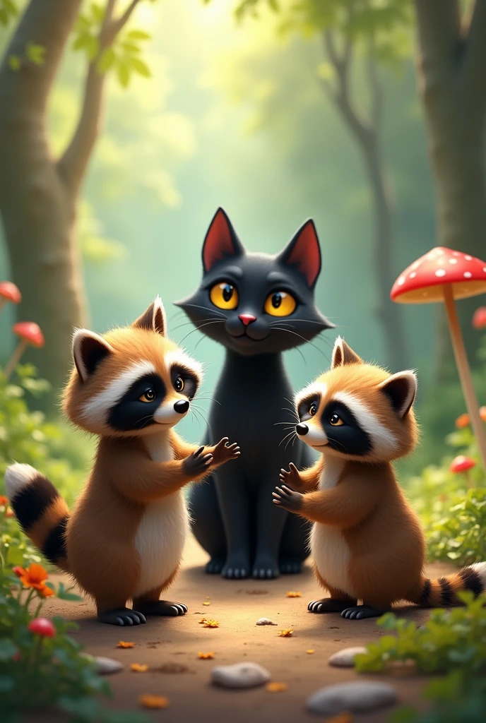 2 mapaches y 1 gato negro
