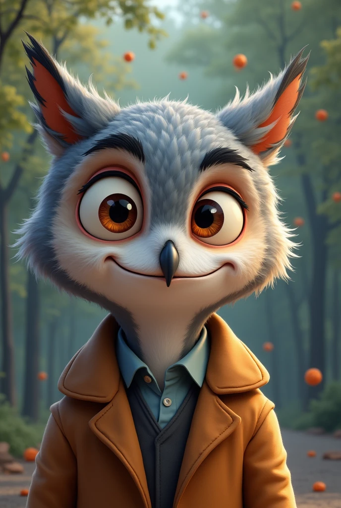 a cartoon picture of a gray-furred owl professor, smiling from ear to ear, close eyes