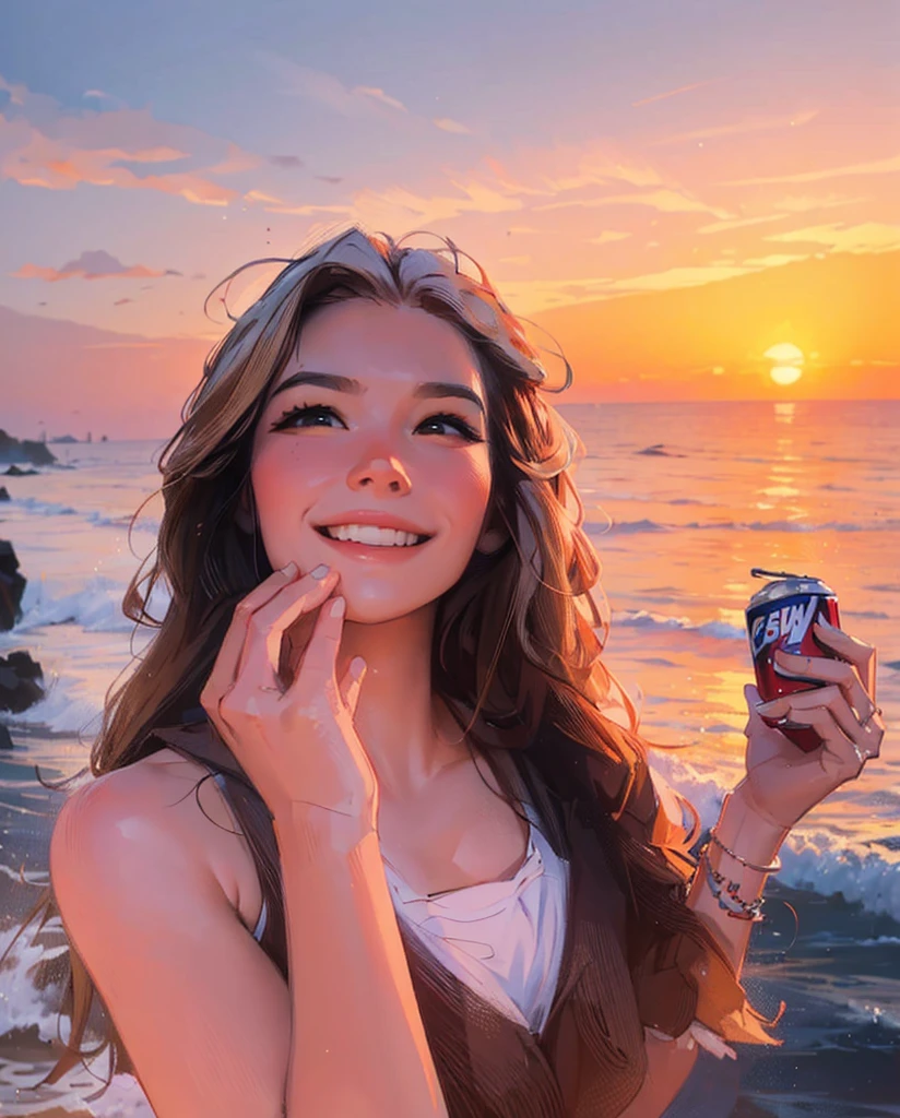 ((Best Quality, 8K, Masterpiece: 1.3)), best quality, ultra high res, arafed woman holding a can of soda and a drink in front of a sunset, with sunset, with a sunset, at a beautiful sunset, in the sunset, at the sunset, anna nikonova aka newmilky, during a sunset, sunset in the background, at sunset, kailee mandel, during sunset, at the beach on a sunset, sunset in background