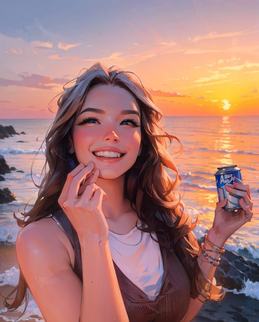 ((Best Quality, 8K, Masterpiece: 1.3)), best quality, ultra high res, arafed woman holding a can of soda and a drink in front of a sunset, with sunset, with a sunset, at a beautiful sunset, in the sunset, at the sunset, anna nikonova aka newmilky, during a sunset, sunset in the background, at sunset, kailee mandel, during sunset, at the beach on a sunset, sunset in background