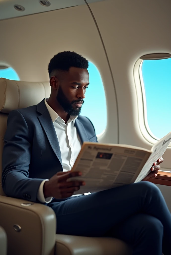 "A 32-year-old African man of average height (around 1m70) is sitting in an airplane seat. He has dark brown skin and is wearing a smart jacket. He is focused on reading a newspaper which he stands open in front of it. The interior of the aircraft is modern and well lit, with windows showing a blue sky in the background. The ambiance is tranquil and sophisticated, emphasizing the comfort and relaxation of the journey.