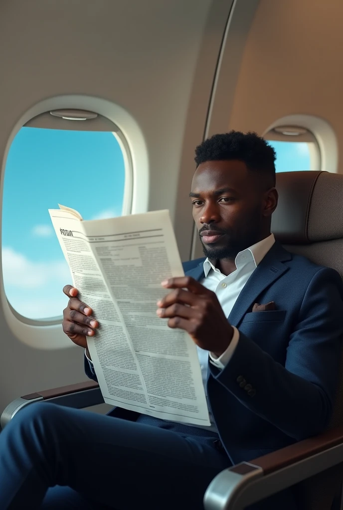 

"A 32-year-old African man of average height (around 1m70) is sitting in an airplane seat. He has dark brown skin and is wearing a smart jacket. He is focused on reading a newspaper which he stands open in front of it. The interior of the aircraft is modern and well lit, with windows showing a blue sky in the background. The ambiance is tranquil and sophisticated, emphasizing the comfort and relaxation of the journey.
