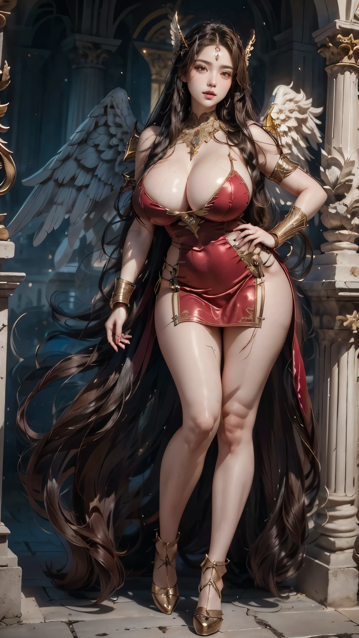 arafed woman in a purple dress and wings posing for a picture, full - body majestic angel, goddess. extremely high detail, super wide angel, mighty plump female sorceress, extremely detailed goddess shot, extremely detailed artgerm, wlop rossdraws, wlop art, tall female angel, artstation masterpiece, succubus in tight short dress, 
([long hair hair]:1.8), (full body:1.8), (upper body up:0.3), (hyper realistic:1.4), (realistic:1.3), (best quality real texture skin),
Detailed eyes, detailed face, PERSEPHONE, (SFW:1.5)
Hyperrealistic, huge saggy breasts,

(HUGE BREASTS:1.5), (HUGE LEGS:1.5), (HUGE THIGHS:1.5), pernas perfeitas, pernas perfeitas, pernas lisas, pernas lisas e perfeitas, pernas torneadas, coxas torneadas, pernas lisas, coxas lisas.

(pose erótica:1.5), (sobrancelhas espessas:1.2), (Grandes olhos roxos:1.2), (olhos ultra detalhados:1.4), (Olhos de alta resolução:1.1), (textura de pele ultra detalhada:1.4), (Belo corpo tonificado:1.1), arco de cabelo, (Pele úmida:1.1), (rosto sensual:1.5),

