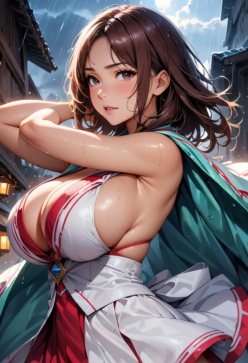 Highest quality, (Ultra-high resolution,8k), Ultra-high definition 4K, (Perfect Anatomy), (Cute three sister shrine maidens), (Shrine maiden costume), high school student, (Dynamic composition), (Well-proportioned face), (In the Storm), (Photorealistic), (), Soft Skin, Glowing Skin, Bright lighting, Very heavy rain, Professional photography techniques, Stretching oneself