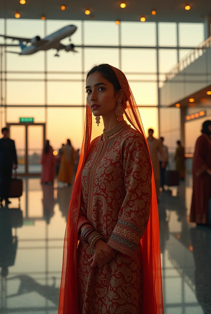 I want same this girl more image on air port background airplane in Pakistani kurta pajama and also duphata on his head