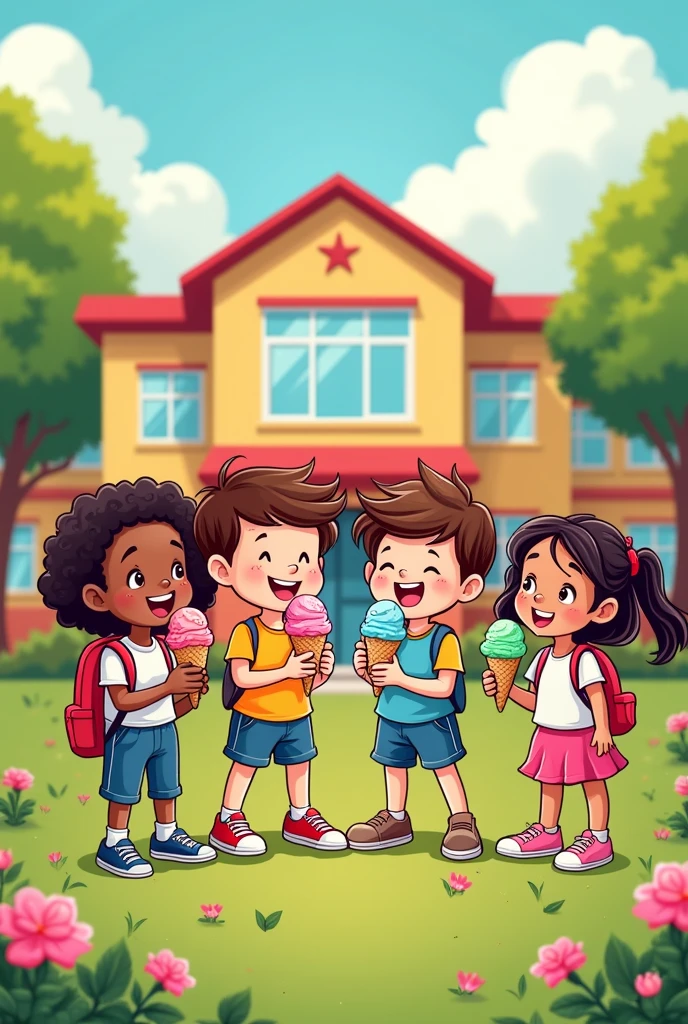 Cartoon drawing of school children eating ice cream