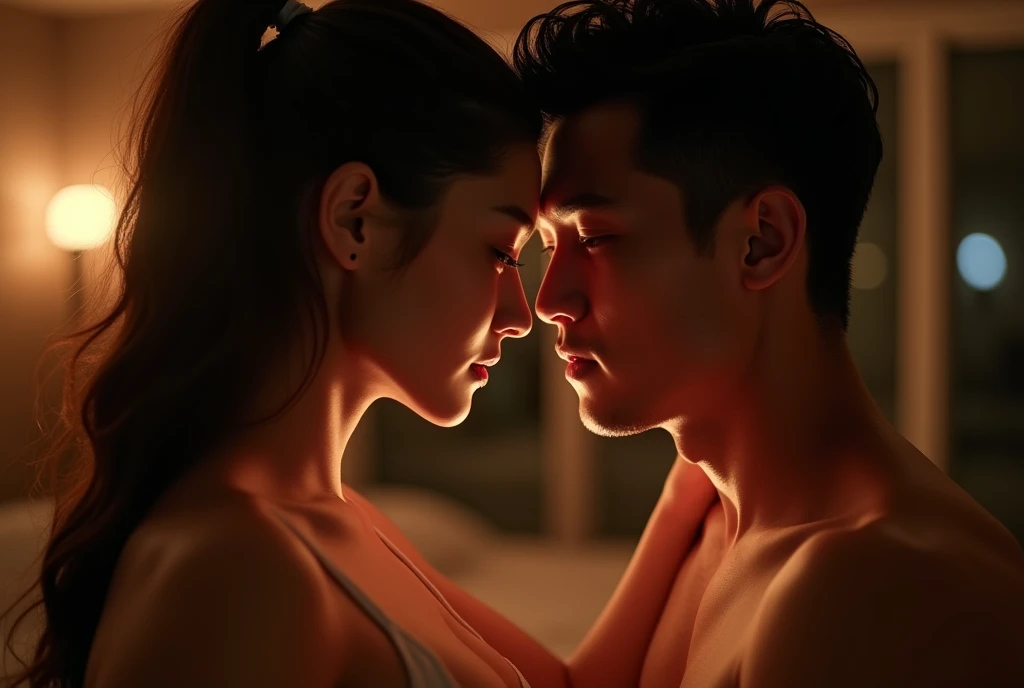 1 athletic asian female, 1 masculine asian male, love making pose, dramatic lighting, detailed facial features, chiaroscuro lighting, cinematic lighting, romantic, sensual, (best quality,4k,8k,highres,masterpiece:1.2),ultra-detailed,(realistic,photorealistic,photo-realistic:1.37),cinematic composition,moody colors,dramatic shadows,warm lighting,intimate,passionate