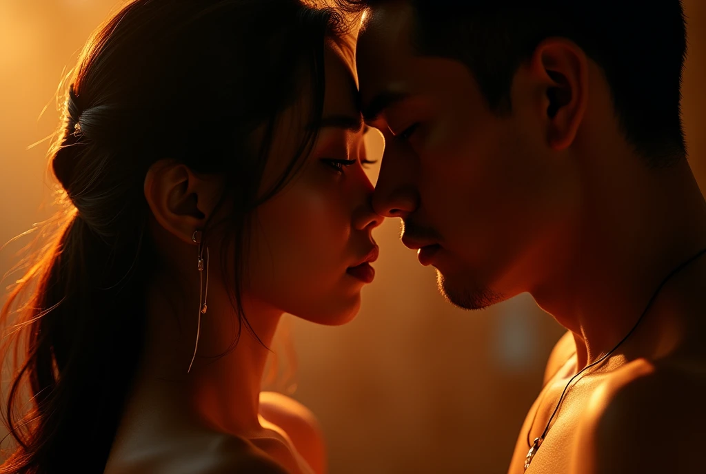 1 athletic asian female, 1 masculine asian male, love making pose, dramatic lighting, detailed facial features, chiaroscuro lighting, cinematic lighting, romantic, sensual, (best quality,4k,8k,highres,masterpiece:1.2),ultra-detailed,(realistic,photorealistic,photo-realistic:1.37),cinematic composition,moody colors,dramatic shadows,warm lighting,intimate,passionate