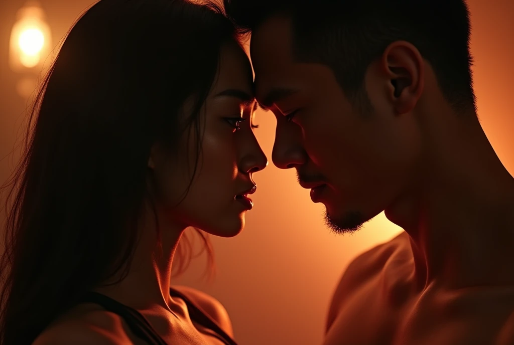 1 athletic asian female, 1 masculine asian male, love making pose, dramatic lighting, detailed facial features, chiaroscuro lighting, cinematic lighting, romantic, sensual, (best quality,4k,8k,highres,masterpiece:1.2),ultra-detailed,(realistic,photorealistic,photo-realistic:1.37),cinematic composition,moody colors,dramatic shadows,warm lighting,intimate,passionate