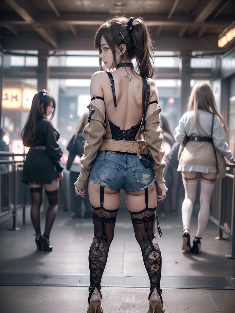 (Three Girls, 3 girls:1.5)、(Back view:1.4)、(Look over your shoulder:1.3)、(Show off your beautiful ass:1.4)、(Smiling with teeth showing:1.3),(Shibuya Gal:1.5)、(Dark fantasy world:1.4)、(Neo-Goth Fashion:1.5)、(Punk RockVisual Kei:1.3)、(Futuristic black, beige and pink bodysuit:1.5)、(Delicate denim and beige cardigan:1.5)、(Gorgeous decorated corset:1.4)、(Red Garter Belt:1.5)、(Denim and pink cargo pants:1.3)、(Heart-shaped silver accessories:1.5)、(Brown Skin Belt:1.4)、(Blue High Heels:1.4)、(Lace underwear:1.4)、20-year-old、Browsing Caution,((Highest quality、In 8K、masterpiece:1.3))、Sharp focus:1.2、(Layered Cut、Huge breasts:1.1),Beautiful woman with perfect figure:1.4、(Dancing vigorously:1.3)、Slim Abs:1.2、Butt、Highly detailed face and skin texture、Fine grain、double eyelid,(Twin tails:1.3)、(Brownish golden hair:1.3)、Obscene、Idol Sculpture、(The background is a cityscape of a fantasy world:1.3)、(Slimming your legs:1.4)、(The body is slim:1.3)、(clavicle:1.1)
