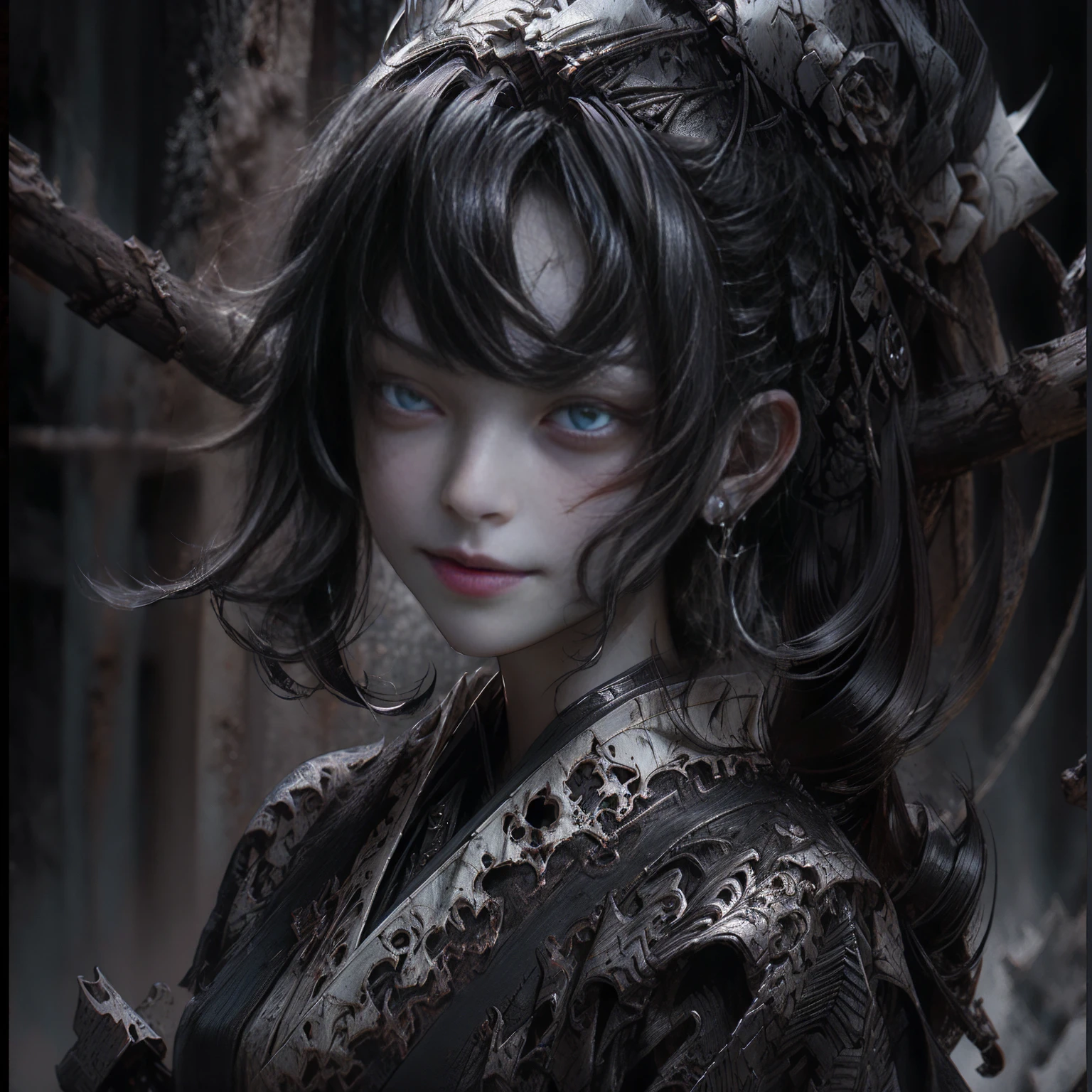 portrait of a beautiful woman, white hair , black kimono,The eyes, dark and torn, ((only 1 dark and malevolent woman from the underworld evil smile, squinted eyes:1.3)), fierce expression, dramatic lighting, intense shadows, sandy texture , High contrast, vibrant colors, dynamic pose, powerful posture, rough background, explosive atmosphere, dystopian theme, surreal elements, digitally painted illustration, high definition resolution, intricate details, dramatic composition, avant-garde and chaotic brushstrokes, Gothic style, intense emotions, Scale epic, raw and gritty feeling, Captivating and provocative works of art...