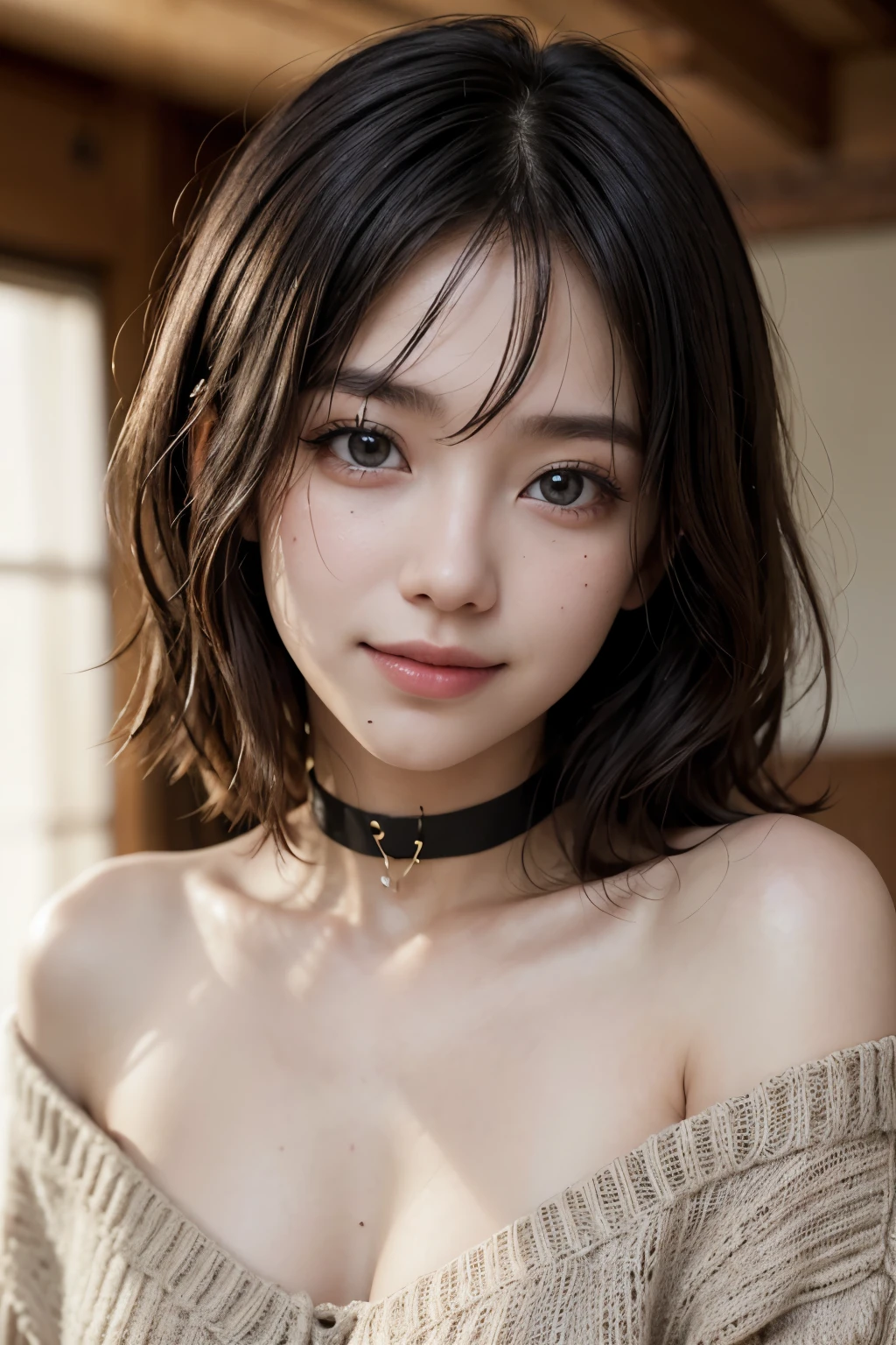 Top Quality, Masterpiece, Ultra High Resolution, Photorealistic, 1 Girl, Off Shoulder, Knit, Smile, Smile, Slightly Visible, oversized_sweater, Soft Lighting, Detailed Skin, Bangs, Black Hair, Clear Eyes, Short Bob Hair, Transparency, Japan, Korean, Beautiful Woman, Upper Eyes, Lip Gloss, Black Thick Choker, Teardrops, Mole on the Chest, Highlights in the eyes