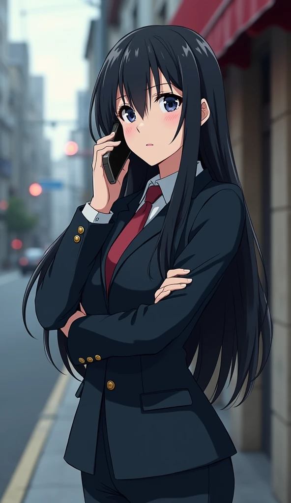 ((A woman with long hair))，Standing on the side of the street，Black Hair，Answering the phone，Cold expression，Ladies suits，Japanese anime style
