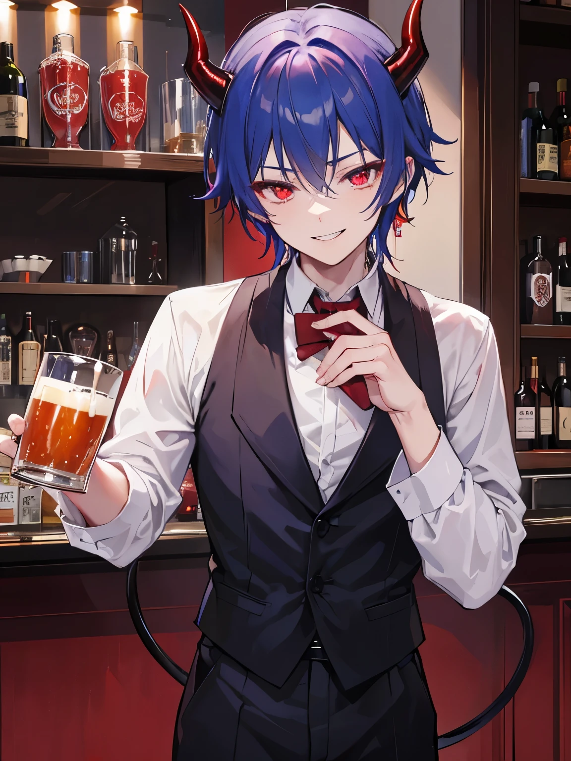 A handsome man, demon, butler, smiling, red crimson eyes color, dark blue hair color, demon horns, demon tails, demon wing, a lot of blood going around the place, 27-year-old, laughing, wine, bartender.