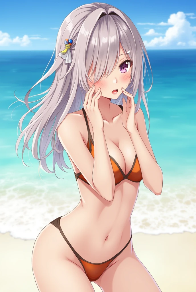 ((whole body)),(masterpiece:1.2), best quality, high resolution,, (illustration), (Anime work, animation style, Studio animation, very detailed, Latest information, vibrant, anime coloring, high contrast, best aesthetics),1 woman,swimsuit, medium chest, Thighs slightly,randome hair, One eye is covered by bangs, perfect proportions, high detail skin, cute, detailed face,Beach, precise fingers,attractive,swimsuit  crowd,laugh, 