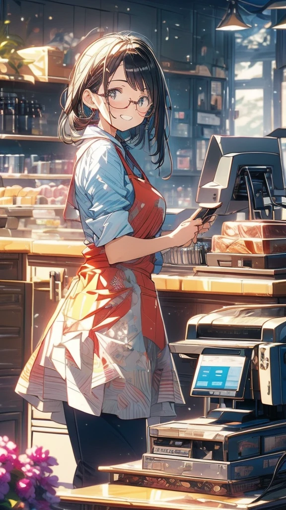young woman,Facing forward,smile,((Standing inside the cash register)),Touching the cash register machine,Customer Service,((There is a cash register on the table)),(Scanning product barcodes at the cash register)),Supermarket clerk,Wearing an apron,uniform,((Working as a cashier)),((Cashier)),((cashier,register,)),((Receive money from customers)),There are products on the shelves,In the supermarket,Bright interior,grocery store