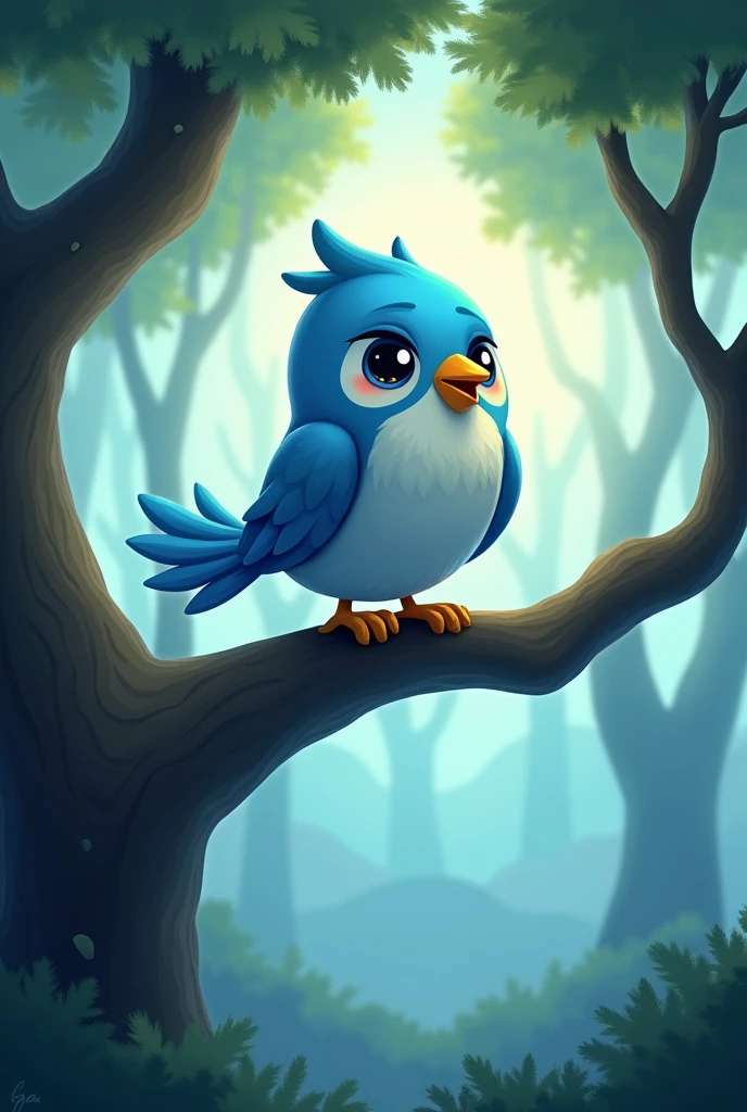 Cartoon bird on a tree branch in sad enchanted forest, bird_Nature, cute anthropomorphic bird, Birdie, Portrait of a bird, blue bird, cute cartoon character, anthropomorphic bird, official art, art of mobile games, It flies through the clouds in the sky