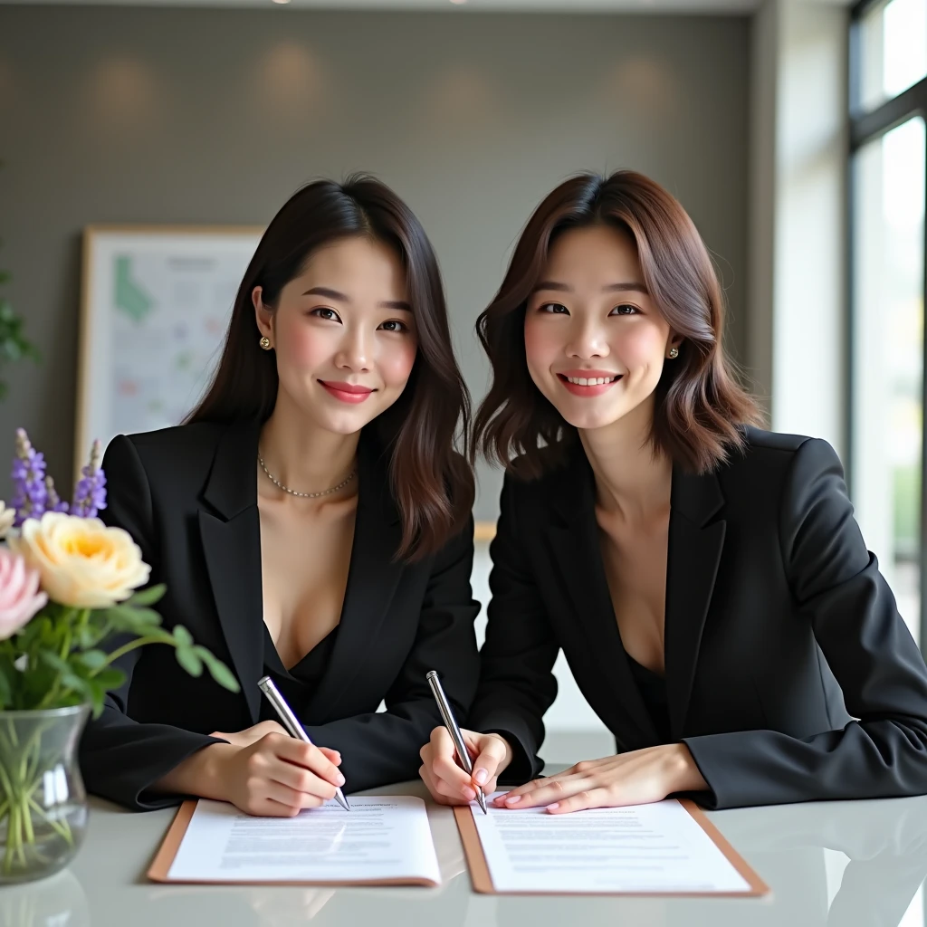 Create an image of two 18-year-old Asian businesswomen, signing a contract with each other. They are smiling with cute and charming faces. The image should be full-body, with slightly revealing attire, portraying a youthful appearance.