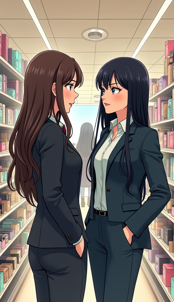 ((A woman with long hair)),Standing on the side of the street,Black Hair,Ladies suits,((Cold expression)),Japanese comic style,Choosing cosmetics in a shopping mall,Shopping。Another woman with long brown hair was looking at her with a smile.