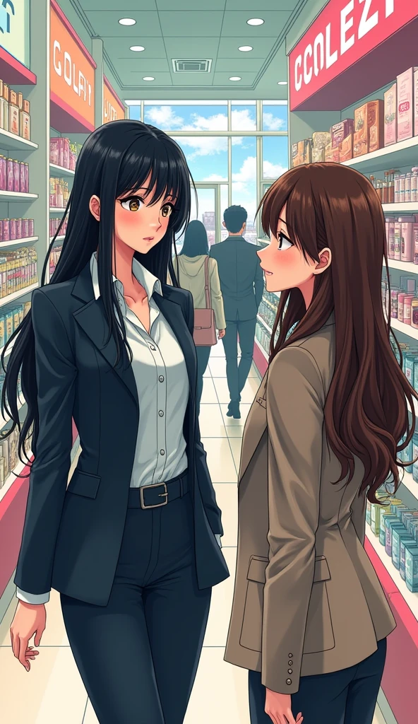 ((A woman with long hair))，Standing on the side of the street，Black Hair，Ladies suits，((Cold expression))，Japanese comic style，Choosing cosmetics in a shopping mall，Shopping。Another woman with long brown hair was looking at her with a smile.