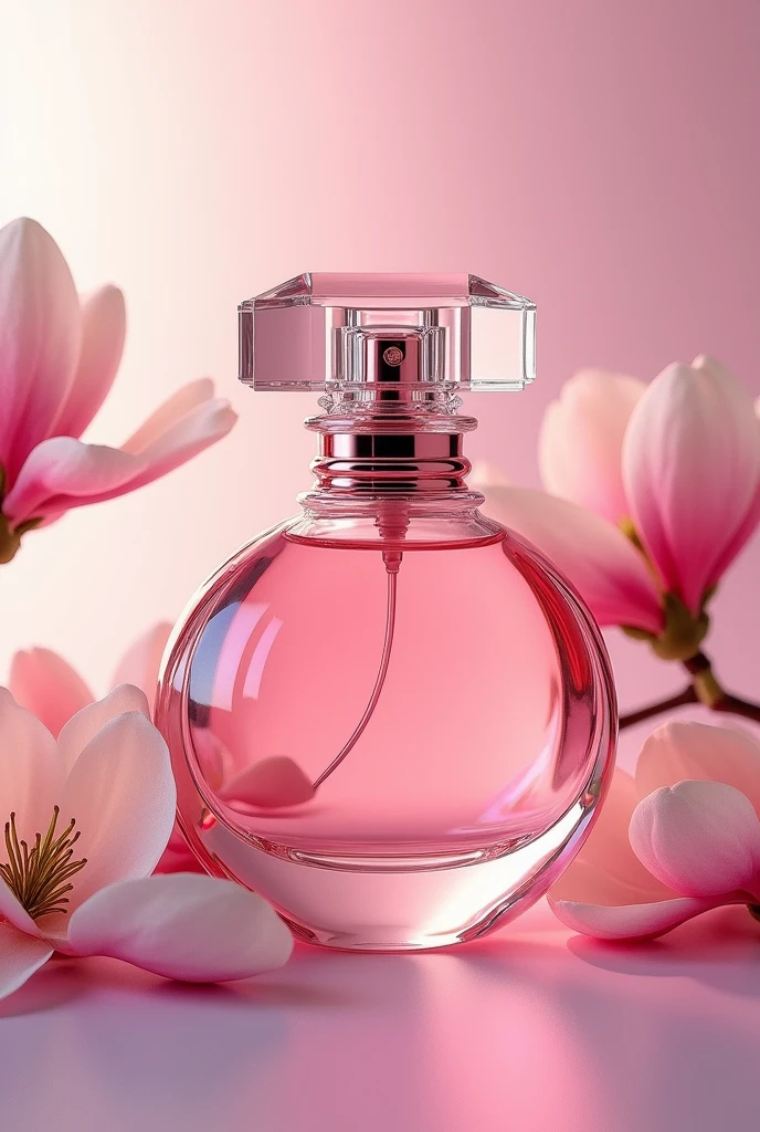 Unique perfume , with critical notes, unique and elegant design, pink color with unique combinations , with magnolia flowers under the glass jar and presents a cardboard box where it would make the perfume