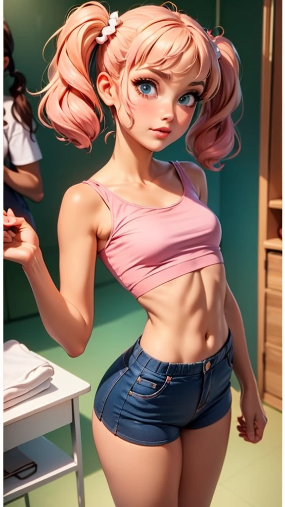 1 pretty woman, short pink hair with pigtails, small waist, skinny, small crop top, cotton short pajama shorts, in panties