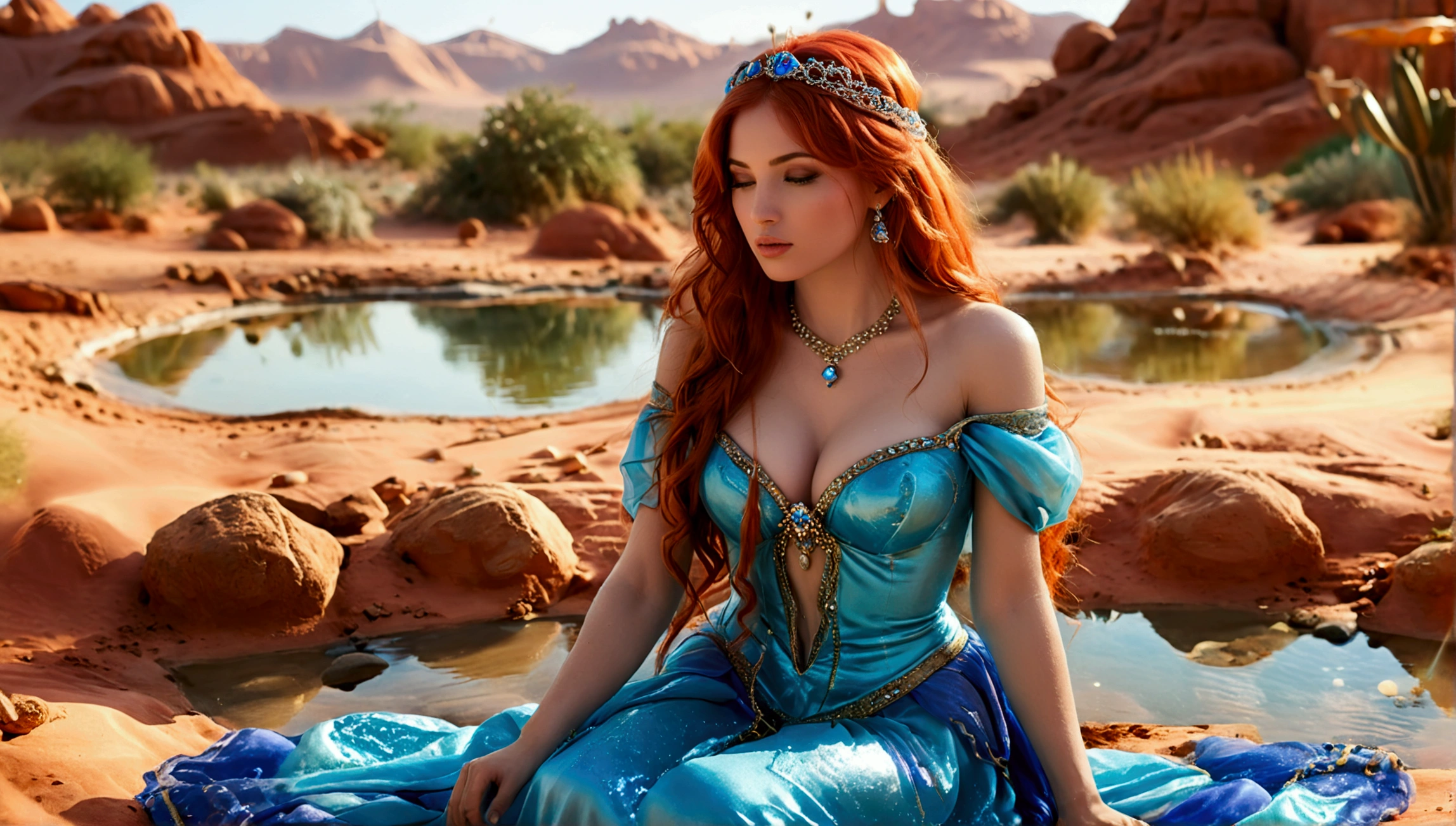 (full body shot:1) photorealistic image of a (sitting pose:1) woman, ultrarealistic, photography, long red hair, woman, 24 years old, hourglass figure, perfect body, seductive look, natural medium breasts, blur background, she is wearing a blue princess jasmine outfit, she is in an oasis in a desert, sitting near a small waterhole, zoomed out, extreme wide angle