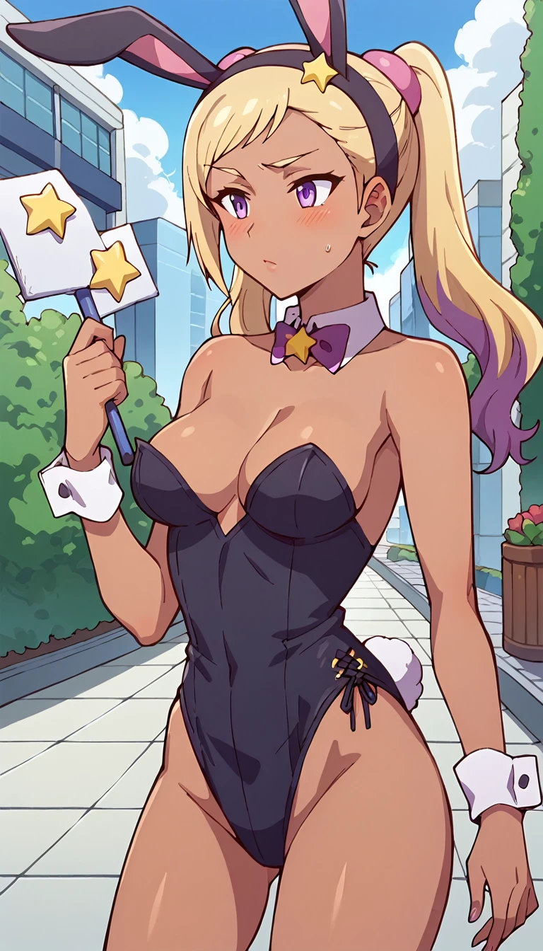 Exit Lafael,
One girl, alone, blush, Lips parted,
Blonde, Purple eyes, Twin tails, Purple hair band, star (symbol), Purple scrunchie, Dark Skin, strapless leotard, Bunny ears, Bunny girl, Wrist cuff, Detachable collar, Standing Fish Net, Looking at the audience, Thigh Gap, city, garden