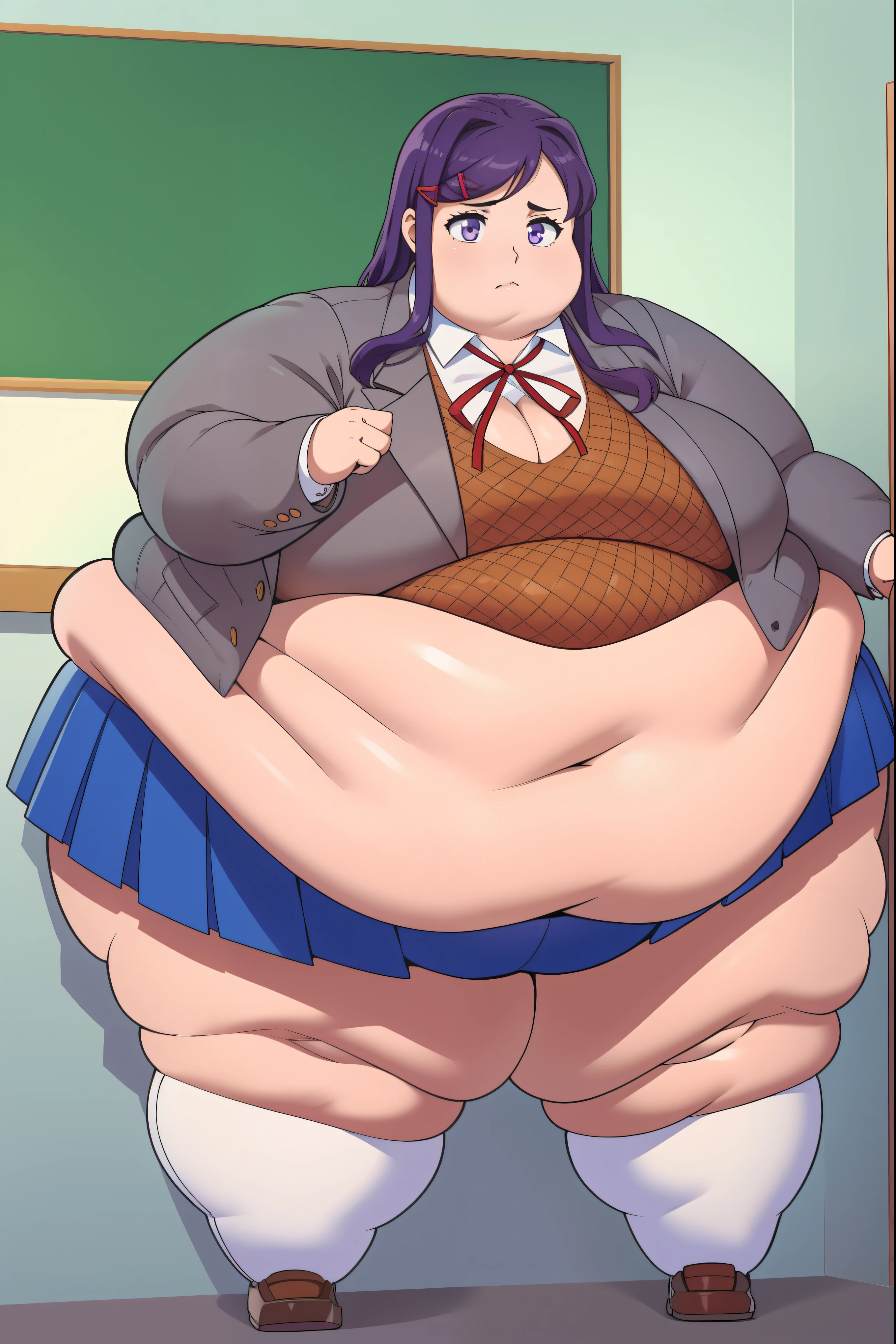 Round face, double chin, fat chin, fat cheeks, fat neck, round face, SSBBW, flabby arms, round face, double chin, fat double chin, big double chin, fat neck, chubby cheeks, fat thighs, fat calves, morbidly obese, flabby boobs, giant boobs, large belly, obese, fat face, belly, double chin, obesity, flabby breasts, fat arms and legs, fat everything,
Chubby, cleavage, 2d, masterpiece, best quality, anime, highly detailed, cowboy shot, 1girl, solo, yuri, purple eyes, purple hair, long hair, hairclip, [[large breasts]], school uniform, blazer, brown sweater, collared shirt, neck ribbon, blue skirt, standing, own hands together, expressionless, classroom 
