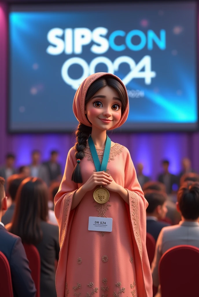 Create a photorealistic image of Dr.Fida (include name tag Dr.Fida) a young girl wearing a peach chikankari and a shawl around her head winning a medal in psychiatry quiz with a background of a stage on which people are sitting and its written SIPSCON 2024 in the background 