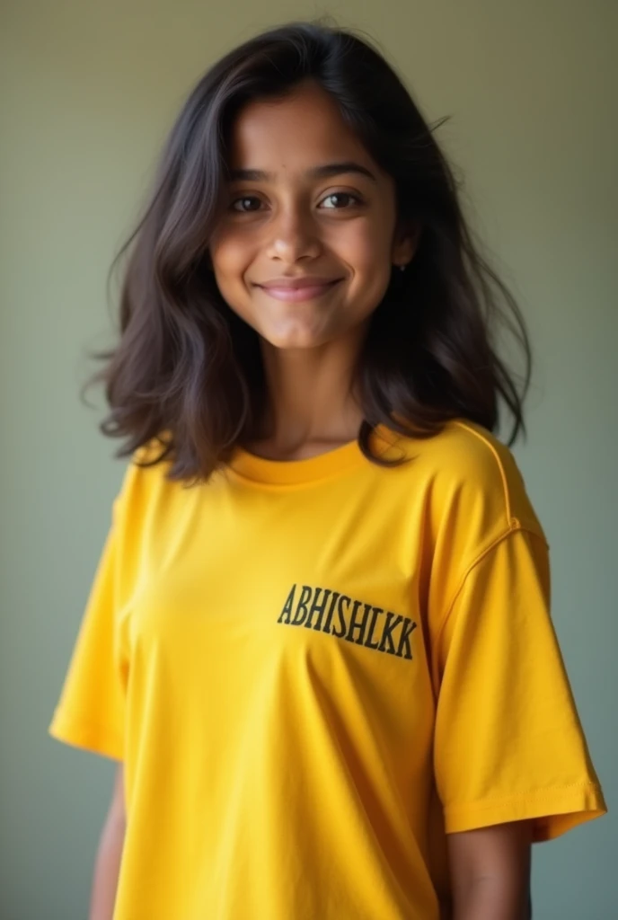 Make a girl who wear yellow colour T-Shirt in shirt write Abhishek. And breast size is big girl name is dhanuja ar make realistic girl who play FF and say sex me 