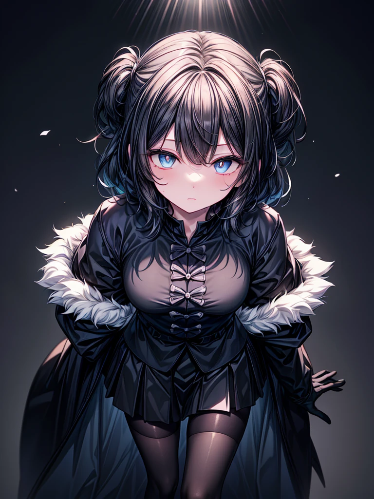 ((Touhou Project)),((masterpiece)),((Highest quality)),((Alluring)),((alone)),((Dark blue pupils)),((Beautiful Blue Eyes)),((wearing a black coat)),((Wearing a black mini skirt,She wears black tights under her skirt)),((A slim body)),((View from above)),((Long, shiny black hair)),((The left eye is completely covered by the bangs)),((I can see my eyes through my hair)),((Wearing black gloves)),(King of the Castle Shrouded in Darkness),((Cold-hearted)),((Complex background)),((Overwhelmingly strong))