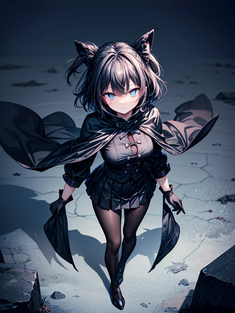 ((Touhou Project)),((masterpiece)),((Highest quality)),((Alluring)),((alone)),((Dark blue pupils)),((Beautiful Blue Eyes)),((wearing a black coat)),((Wearing a black mini skirt,She wears black tights under her skirt)),((A slim body)),((View from above)),((Long, shiny black hair)),((The left eye is completely covered by the bangs)),((I can see my eyes through my hair)),((Wearing black gloves)),(King of the Castle Shrouded in Darkness),((Cold-hearted)),((Complex background)),((Overwhelmingly strong))