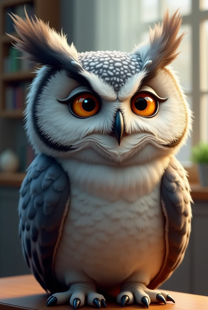 a cartoon picture of a gray-furred owl professor, smiling from ear to ear, close eyes