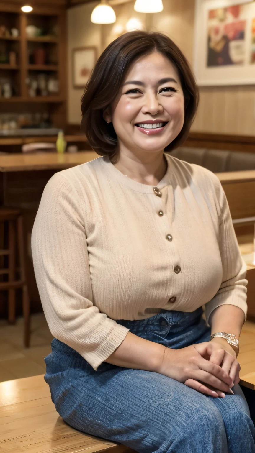 8k wallpaper, masterpiece, Highest quality, Very detailed, One Mature Woman, 50 years old, Become very clear, Wearing a short-sleeved knit, Skin dents, Captivating smile, Looking at the audience, No lapel microphone, Plump, Curvaceous, Attractive face, Smiling with teeth showing, I was happy, sitting in a cafe, Background Blur