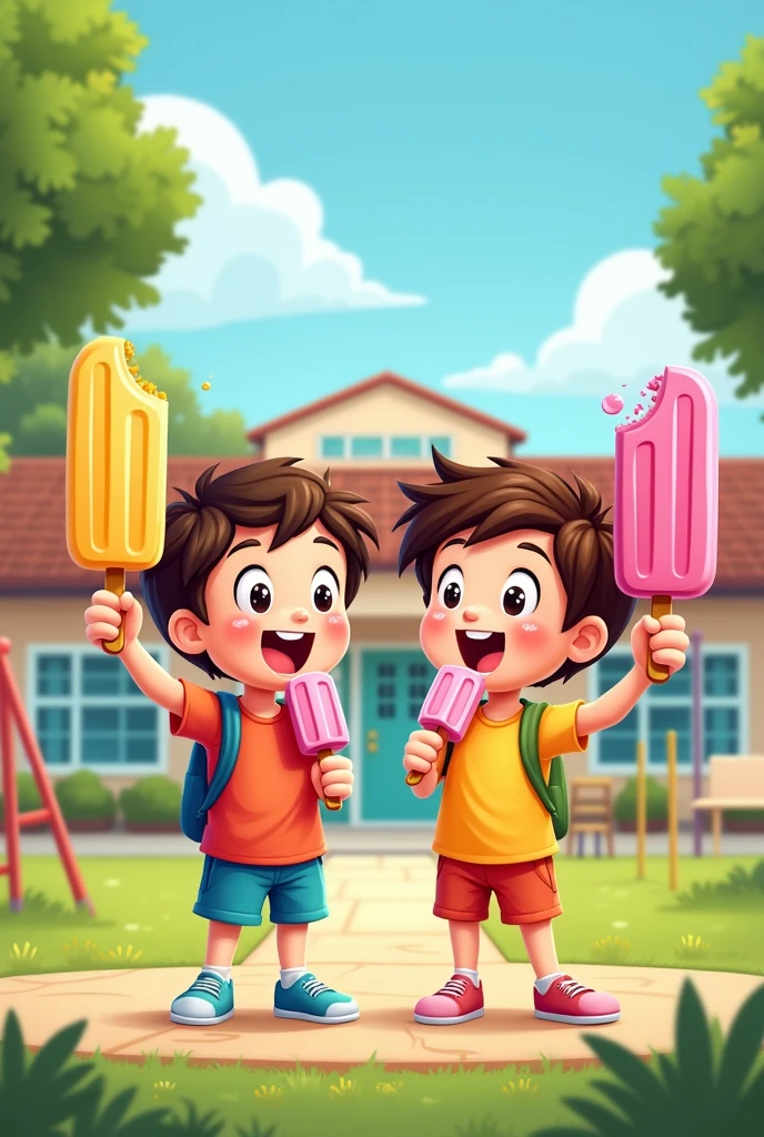 Cartoon drawing of two school children eating popsicles.