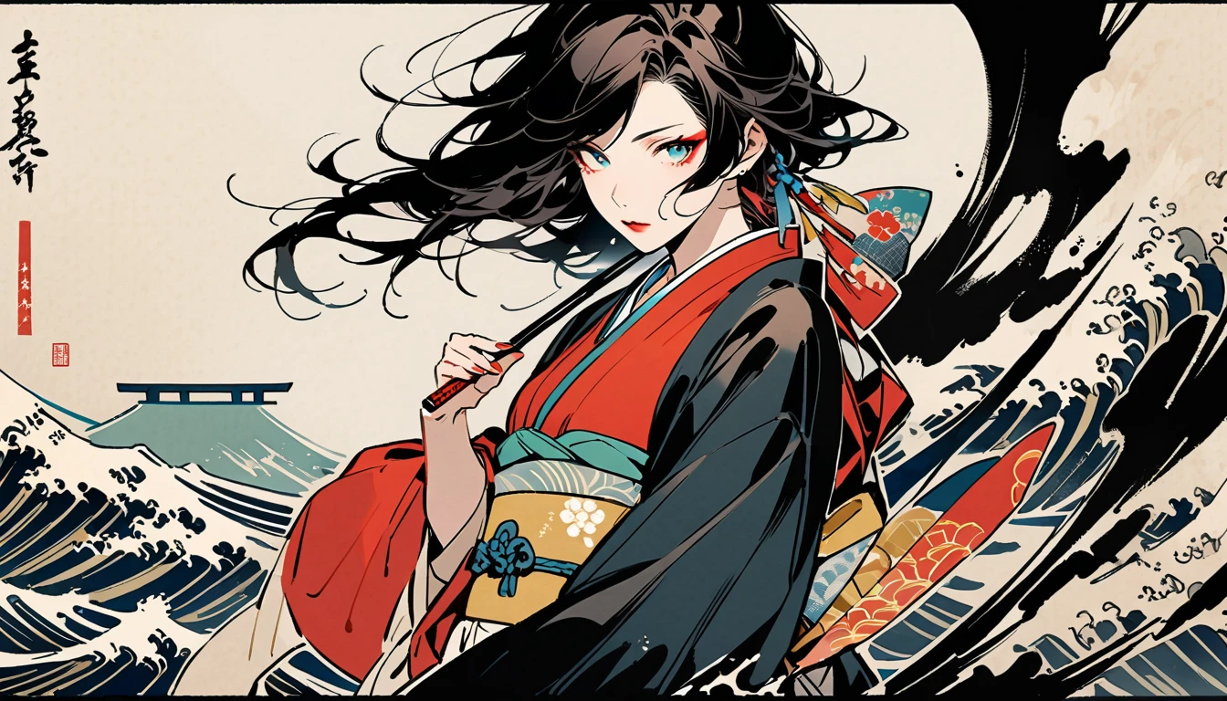 (((Ink Painting))), (((Japan刀))), (((1 girl))), (((Flashy makeup))), (((warrior))), (((Izanami))), Japan人の美少女, Black Hair, Delicate and precise, Modern ukiyo-e style,Japan, Japanese flag