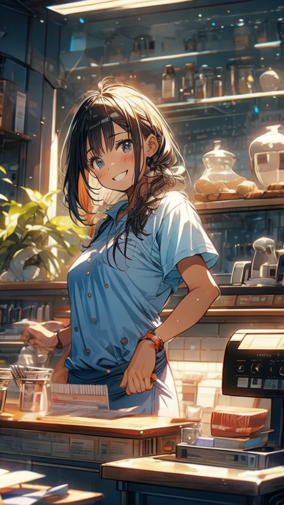 young woman,Facing forward,smile,((Standing inside the cash register)),Touching the cash register machine,Customer Service,((There is a cash register on the table)),(Scanning product barcodes at the cash register)),Supermarket clerk,Wearing an apron,uniform,((Working as a cashier)),((Cashier)),((cashier,register,)),((Receive money from customers)),There are products on the shelves,In the supermarket,Bright interior,grocery store