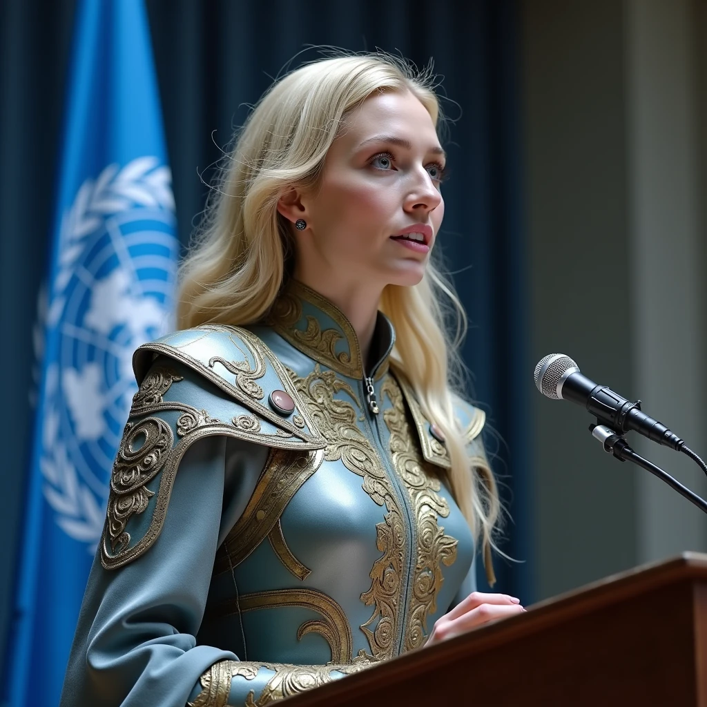 Standing and making a speech at the United Nations, in front of the lectern with a microphone, under the UN flag, a woman 30 years old white woman she has wavy hair, she has blond hair, blue eyes, slim face and nose, slim, wearing a futurist long royal dress, mix of armor and dress, intense gazing eyes, ultra-resolution, intricately detailed, medium shot, low angle,