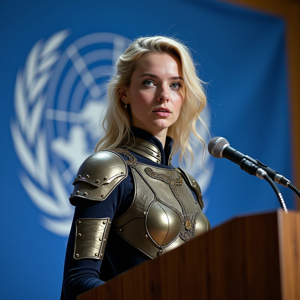 Standing and making a speech at the United Nations, in front of the lectern with a microphone, under the UN flag, a woman 30 years old white woman she has wavy hair, she has blond hair, blue eyes, slim face and nose, slim, wearing a futurist long royal dress, mix of armor and dress, intense gazing eyes, ultra-resolution, intricately detailed, medium shot, low angle,