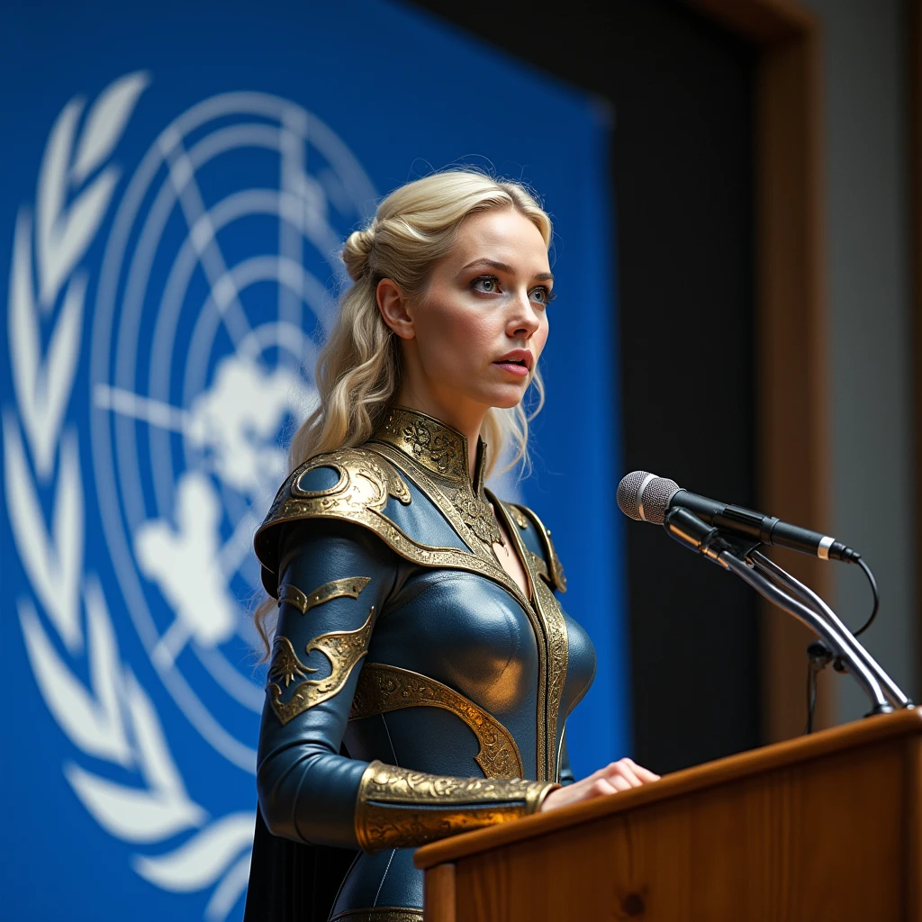Standing and making a speech at the United Nations, in front of the lectern with a microphone, under the UN flag, a woman 30 years old white woman she has wavy hair, she has blond hair, blue eyes, slim face and nose, slim, wearing a futurist long royal dress, mix of armor and dress, intense gazing eyes, ultra-resolution, intricately detailed, medium shot, low angle,