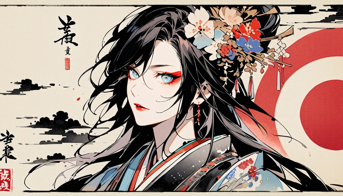 (((Ink Painting))), (((Japan刀))), (((1 girl))), (((Flashy makeup))), (((warrior))), (((Izanami))), Japan人の美少女, Black Hair, Delicate and precise, Modern ukiyo-e style,Japan, Japanese flag