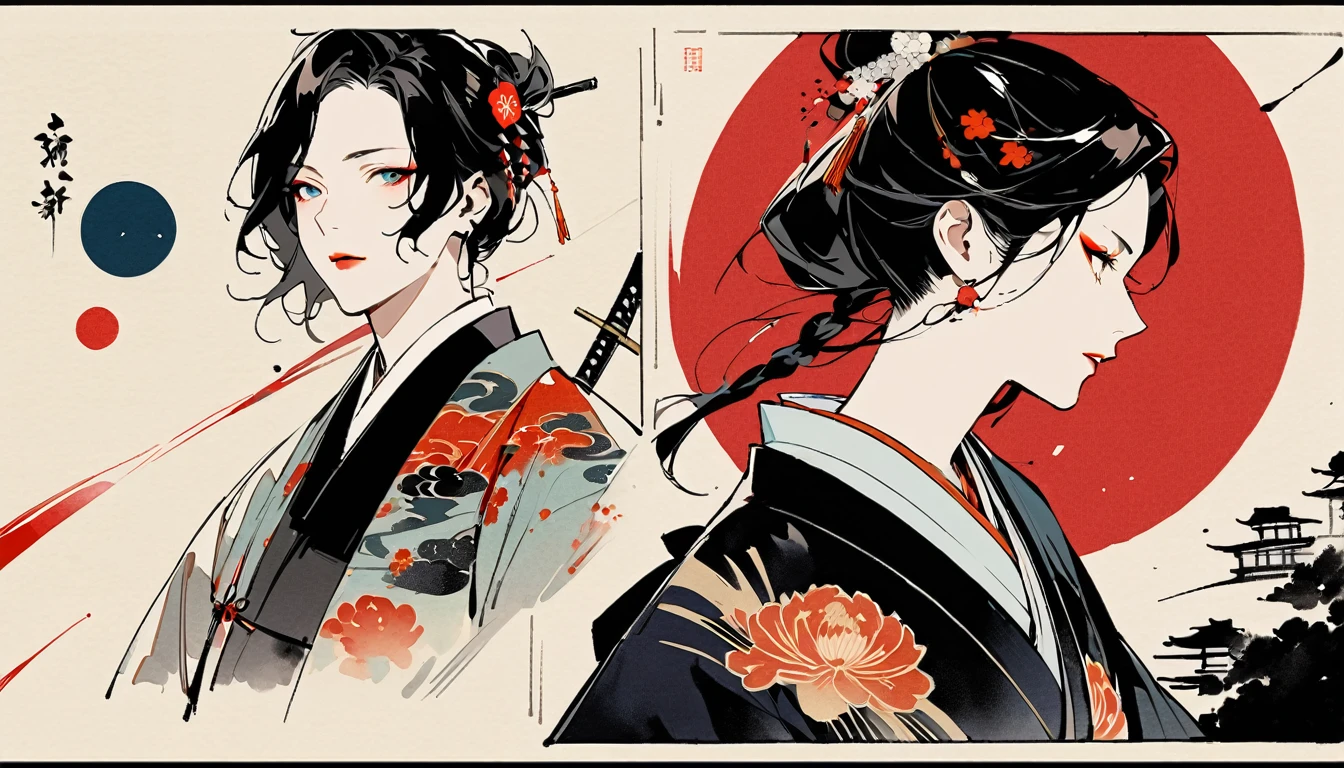 (((Ink Painting))), (((Japan刀))), (((1 girl))), (((Flashy makeup))), (((warrior))), (((Izanami))), Japan人の美少女, Black Hair, Delicate and precise, Modern ukiyo-e style,Japan, Japanese flag