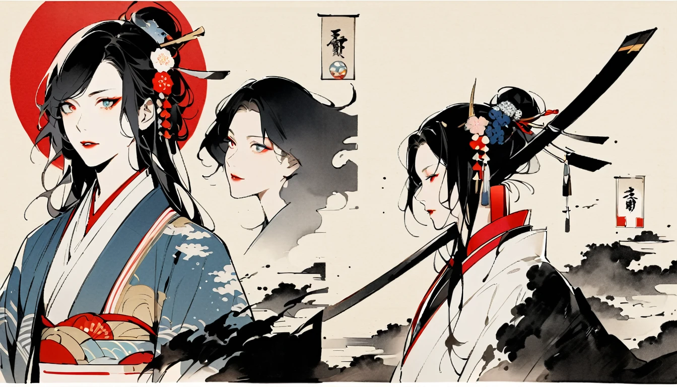 (((Ink Painting))), (((Japan刀))), (((1 girl))), (((Flashy makeup))), (((warrior))), (((Izanami))), Japan人の美少女, Black Hair, Delicate and precise, Modern ukiyo-e style,Japan, Japanese flag