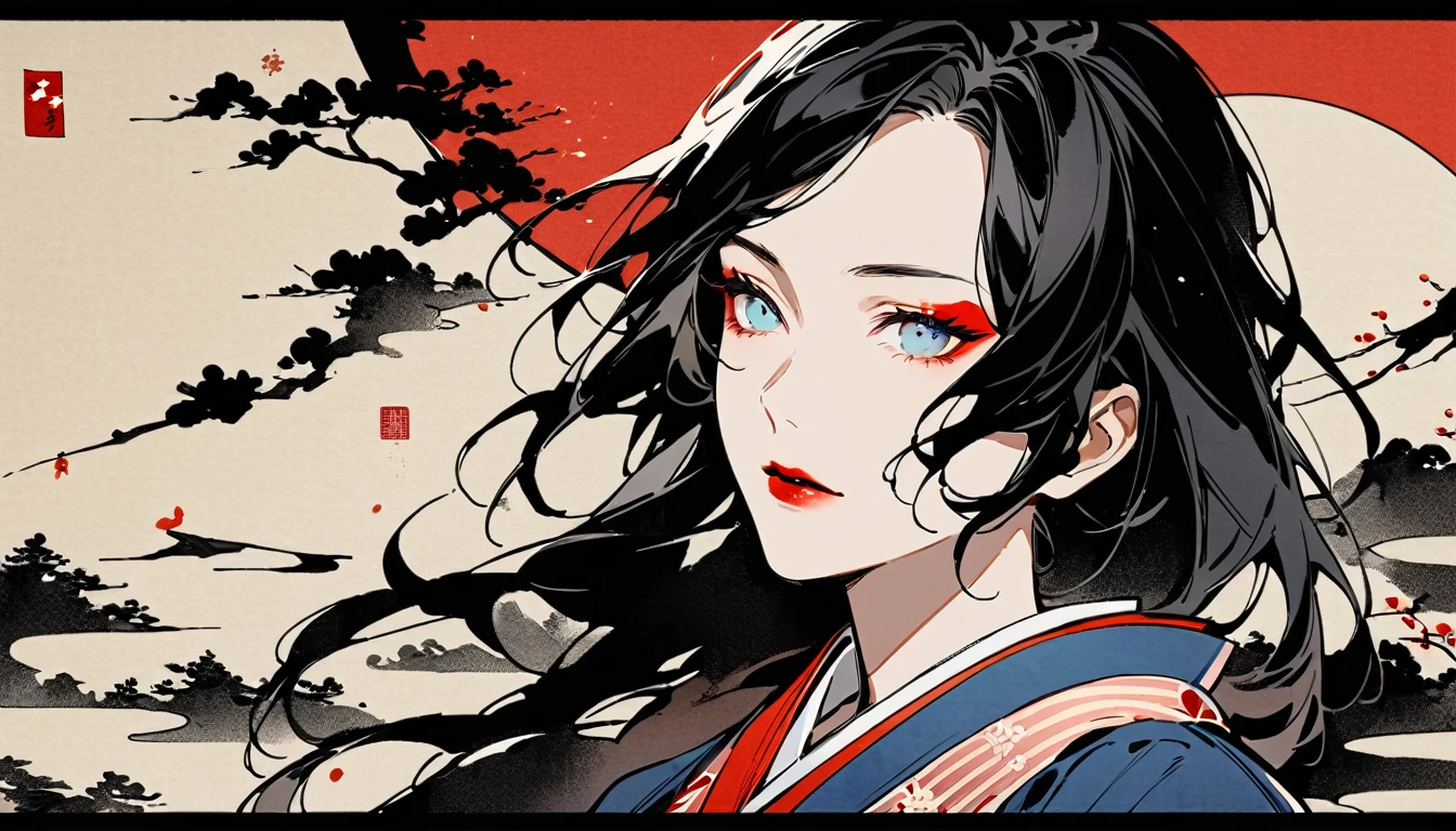 (((Ink Painting))), (((Japan刀))), (((1 girl))), (((Flashy makeup))), (((warrior))), (((Izanami))), Japan人の美少女, Black Hair, Delicate and precise, Modern ukiyo-e style,Japan, Japanese flag