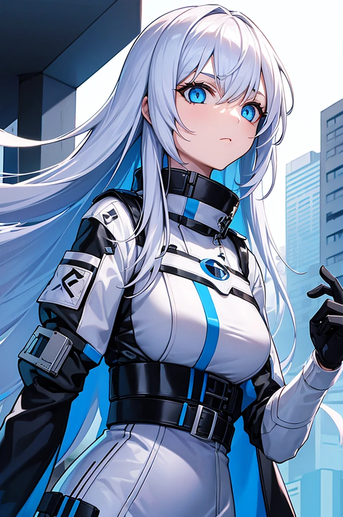 girl with white long hair and blue eyes, cyberpunk outfit, Staring upwards, white background