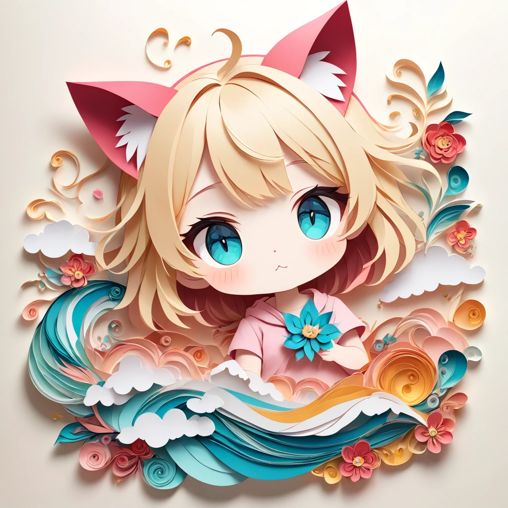 Cat ears of the same color as the hair、Paper cutting art,(Flat paper cutout，Paper Art，layered Paper Art，Paper Quilting, Digital Art),against a pure white background, girl，Blonde Hair Color、Cat ears of the same color as the hair、Turquoise Eyes、Pink short sleeve hoodie、(Attention to detail, masterpiece, Highest quality, Ultra-high resolution)